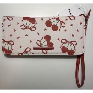 Aldo Cherry Heart Bow Print Zip Around Wristlet Wallet Detachable Strap NEW